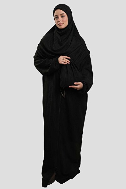 HÜRREM BONE Black Two-Piece Zippered Prayer Dress Woven Self-Patterned 2516_01