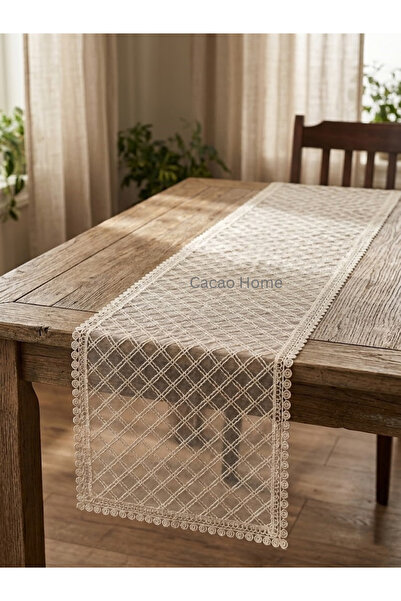 cacao home Fransız Dantelli Örme Tabanlı Tek Runner Masa Örtüsü 35x110 Cm Mas...