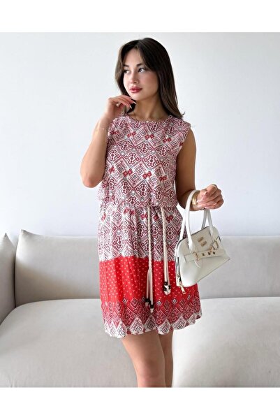 ZY BUTİK Red and White Patterned Sleeveless Straw Belted Cotton Short Dress