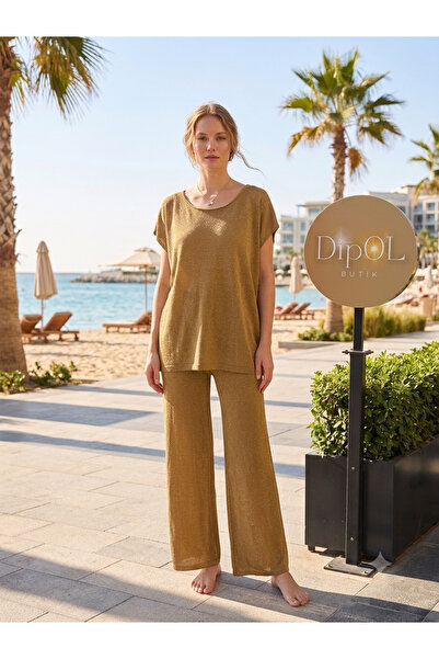 DipOL Butik بنطلون تريكو ذهبي مريح واسع الأرجل
