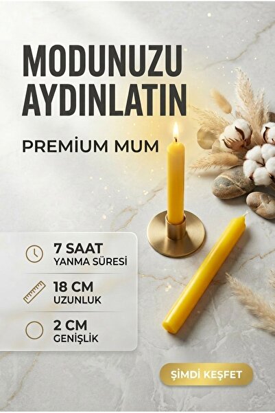 ACELEYOLLA El Yapımı Premium Sarı Şamdan Mumu – 7 Saat Yanma Süresi – 18 cm