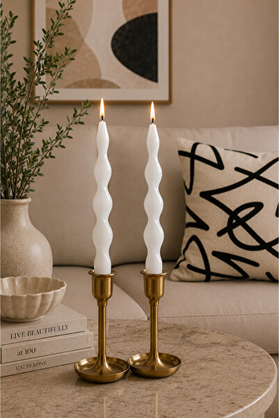 Typoniq Attitude Included Premium Modern Burgu 2' li Şamdan Mum Seti Beyaz 25 cm
