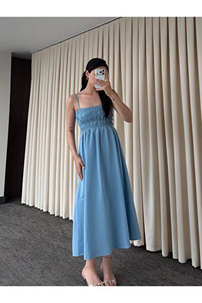 My Blog Rochie albastră cu bretele și elastic la gât - Y223100