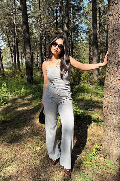 Siner Fashion Women's Gray Strapless Blouse Pants Soft Cotton Set