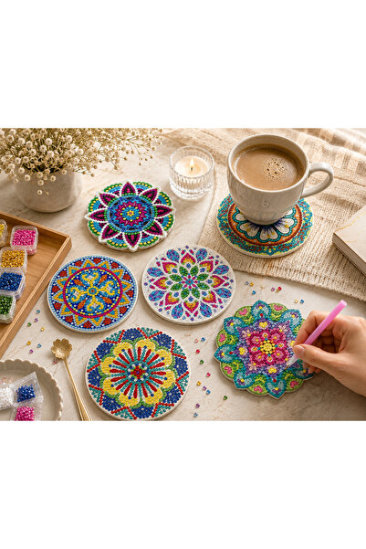 iğne izi Diamond Painting Coaster Set – 6 Pieces, Plastic Stand Included, DIY...