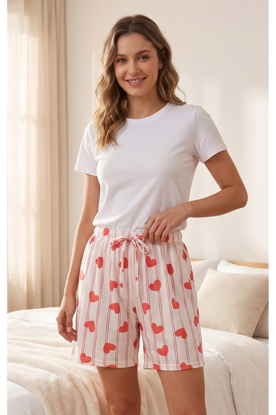 Pijahane Kadın Yazlık Pijama Şort Kırmızı Kalp Desenli Rahat Giyim