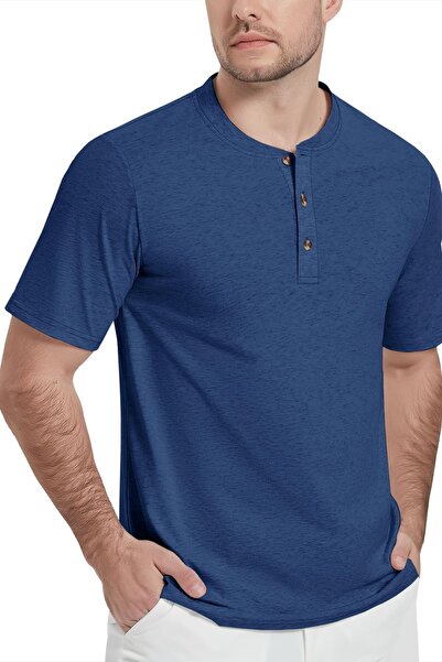 OEM KEFITEVD Tricou bărbați Henley din bumbac tip polo fără guler albastru XL