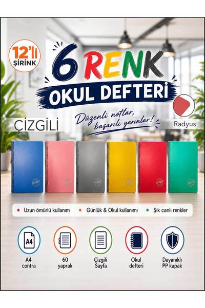 Contra PP Kapak Spiralli 60 Yaprak A4 Çizgili 12 Adet Defter
