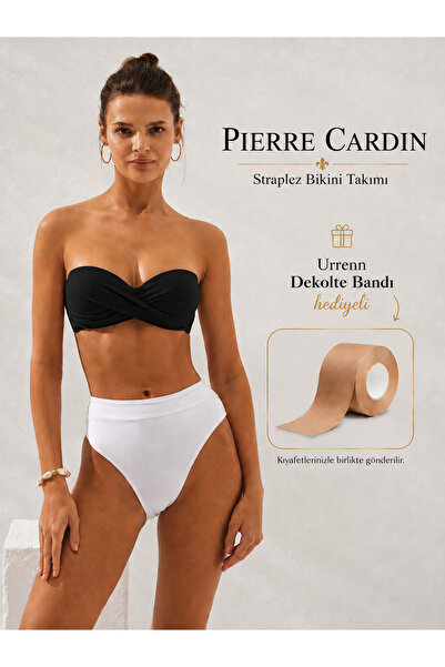 Pierre Cardin طقم بيكيني بدون حمالات - خصر مرتفع، مبطن لرفع الصدر - مع شريط ه...