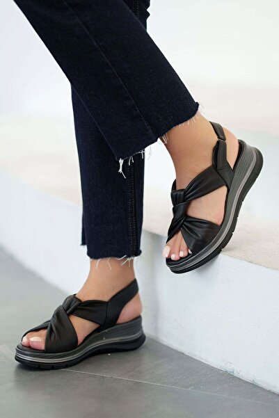 Parponi Hella Women's Wedge Sole Genuine Leather Sandals Black