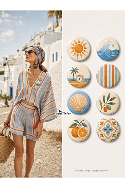 Punky Store 8'li Set 15 Yaz Temalı Rozet Seti Güneş Dalga Deniz Portakal Akde...