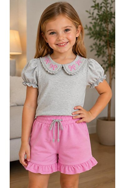 Kuzucuk Kids Bebek Çocuk Butik Kız Çocuk Fiyonk Nakışlı Gri Tişört Pembe Şort...