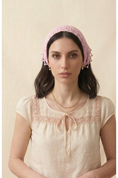 EsSo butik Women's Pink Color Beaded Detailed Knitted Bandana