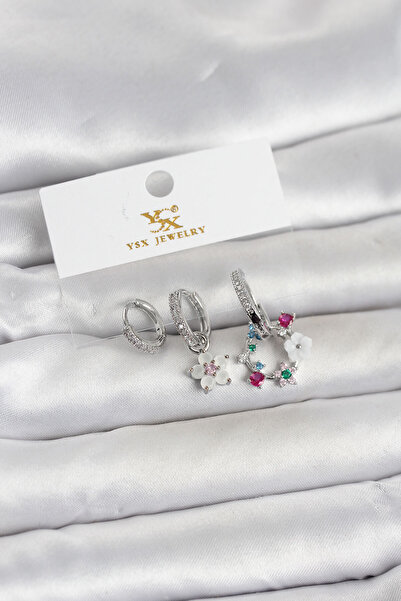 STİLLOVE Brass Silver Color Flower Model 3-Piece Women's Earrings