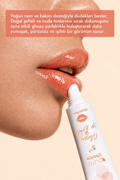 Pure Choice Sunset Peach Glossy Lip Balm – Nemlendirici, Onarıcı ve Parlatıcı | Ceramide NP + Squalane + Vitamin E