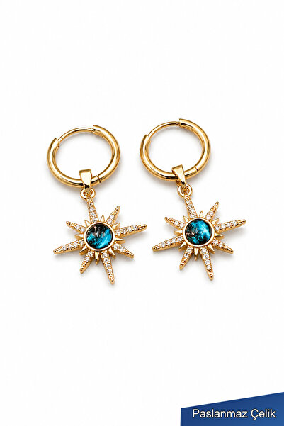 TREND COLLECTİON Gold Color Blue Stone Polar Star Steel Hoop Earrings