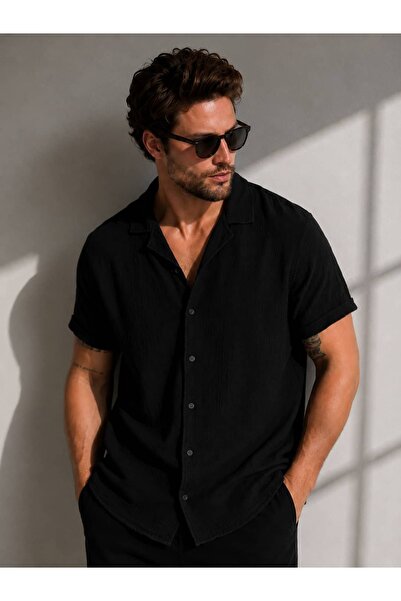 Wise Men's Linen-Look Muslin Short Sleeve Shirt 100% Cotton