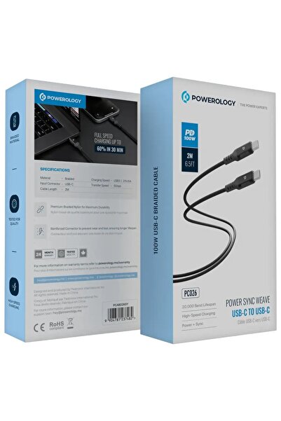 Powerology Power Sync Weave USB-C to USB-C 2M PD 100W Gray