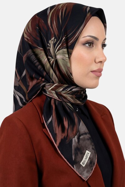hadiora وشاح نسائي ناعم من القطن العضوي بنمط أوراق المنك الأسود