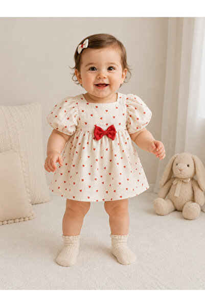 MİNİKİNCİBABY Muslin Heart Baby Girl Bow Detail Dress 100% Cotton