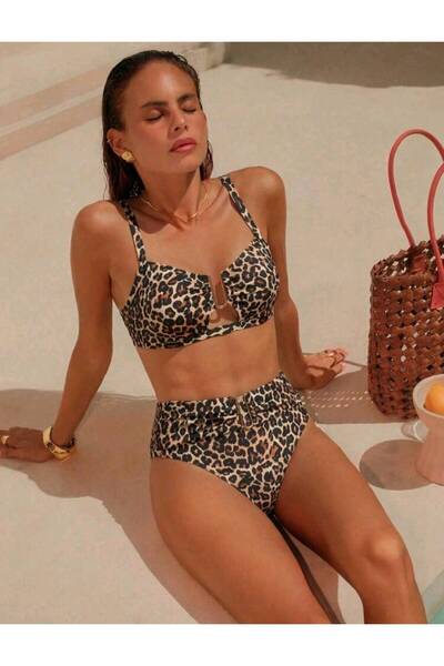 SERENDA BOUTİQUE Yüksek Bel Leopar Desenli Halka Detaylı Bikini Takım