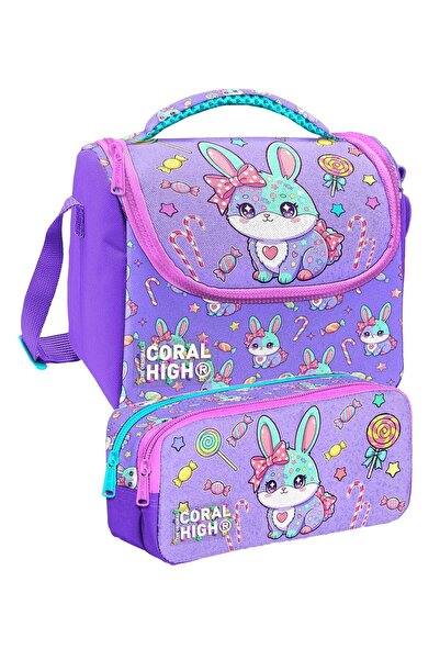 Coral High Purple Cute Rabbit Printed Girls' Nutrition and Pencil Bag Set (37...