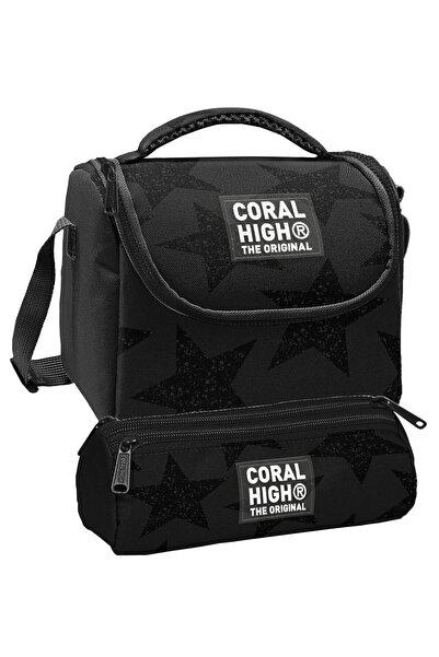 Coral High Lunchbox and Three-Compartment Pen Holder Set - Black Star Printed...