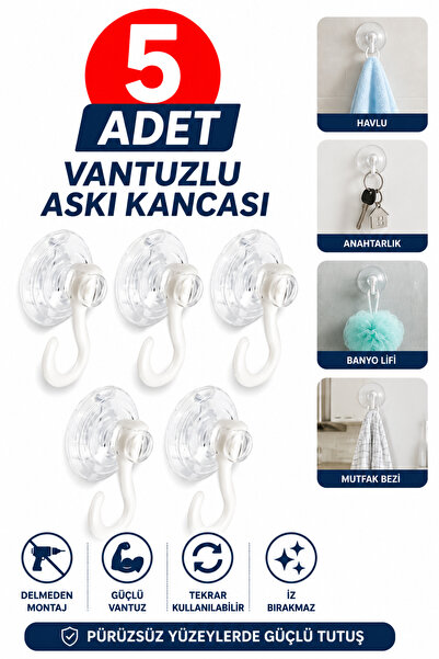 Alıç Şeffaf Vantuzlu Askı Kancası 5'li Delmeden Montaj Güçlü Tutuş Banyo Mutf...