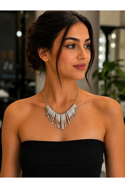 ZS Aksesuar Zircon Stone Detailed Silver Color Statement Necklace Women's Nec...