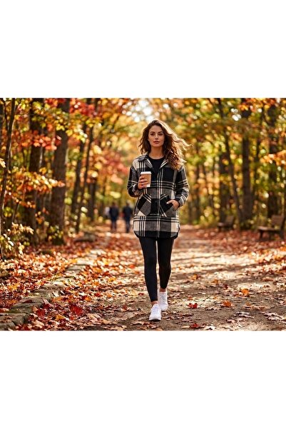 Polologin Butik Women's Black and White Plaid Patterned Lumberjack Tunic Shir...