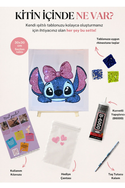seminden Kişiye Özel Stitch Kendin Yap Elmas Taşlı Kanvas Tablo 30×30 Kristal...