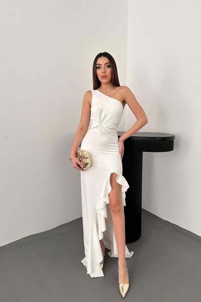 Caddebostan Moda One-Shoulder Ruched Slit Flounce Evening Dress