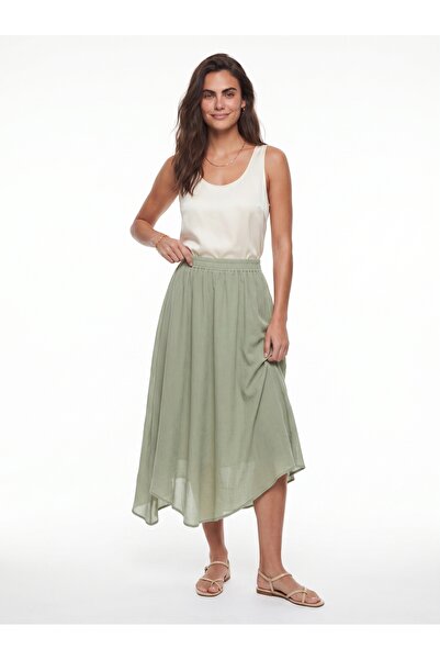 ONLOOX Green Cotton Muslin Crinkle Skirt with Elastic Waist, Asymmetrical Cut...