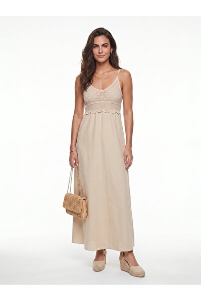 ONLOOX Beige Cotton Blend Thin Straps Comfortable Cut Crochet Look Lace Detai...