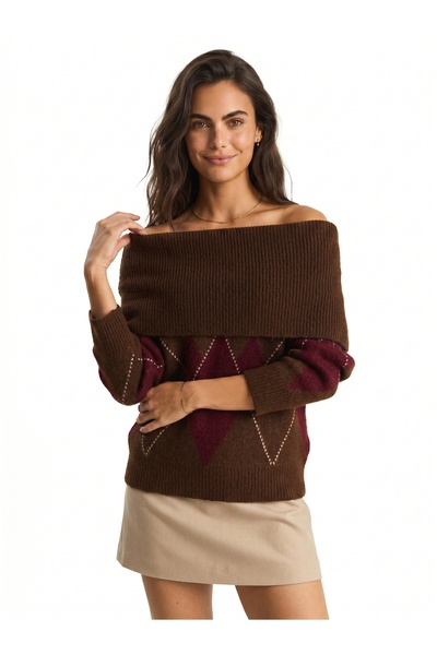 ONLOOX Coffee Burgundy Stretchy Knitwear Fabric Madonna Collar Standard Size ...