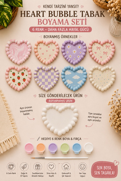 LORİCA KALP BUBBLE TABAK BOYAMA SETİ – KENDİN BOYA TASARLA – 6 RENK BOYA VE F...