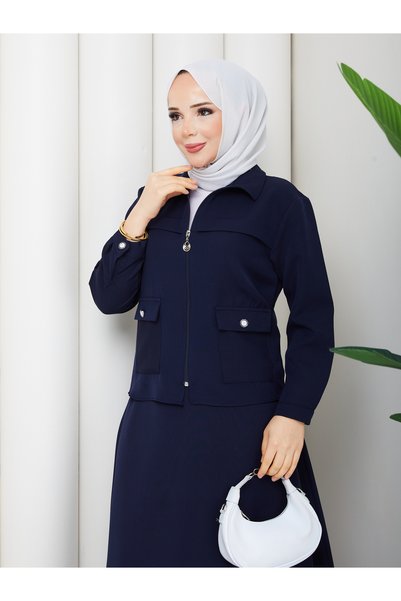 MİHRİZAR Women's Pocket Detailed Zippered Jacket and Skirt Islamic Clothing Two-Piece Set