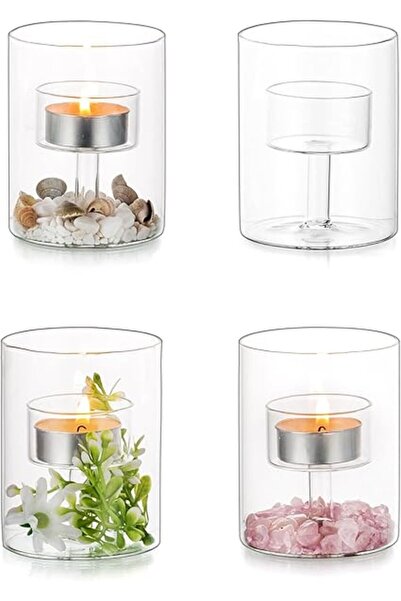 The Bros 4 Pcs Clear Glass Tealight Candle Holders, Modern Hurricane Candleho...