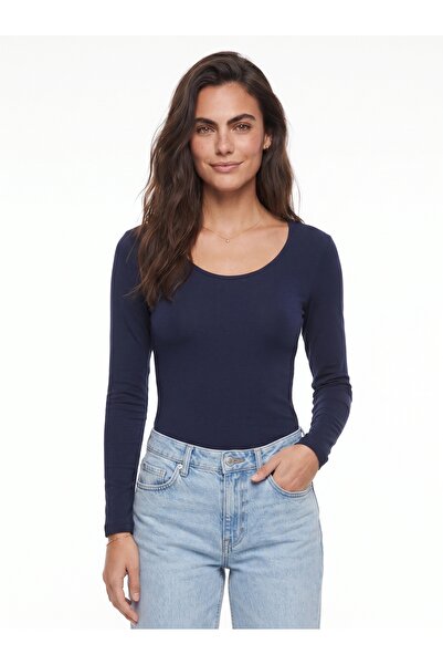 ONLOOX Navy Blue Ultra Soft Textured U-Neck Long Sleeve Slim Fit Stretchy Kni...