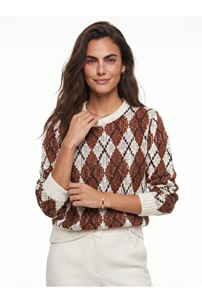ONLOOX Ecru Cotton Viscose Blended Crew Neck Standard Fit Diamond Pattern Kni...