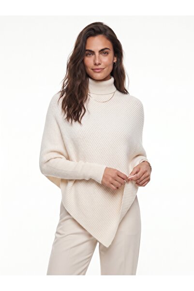 ONLOOX Cream Soft Textured High Collar Poncho Style Asymmetrical Cut Draped S...
