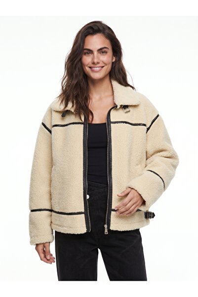 ONLOOX Beige Teddy Textured Faux Leather Biker Jacket with Piping Detail and ...