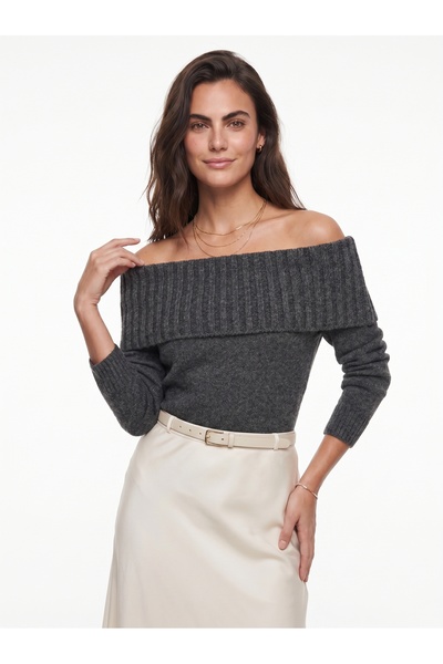 ONLOOX Anthracite Soft Textured Madonna Collar Standard Cut Basic Long Sleeve...