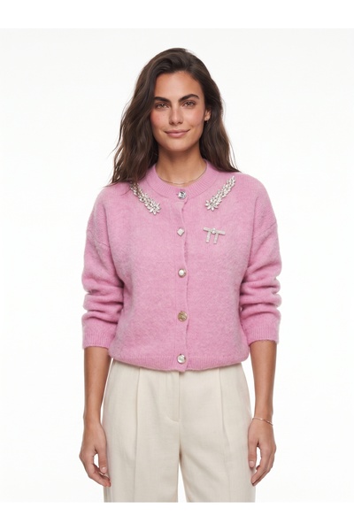 ONLOOX Pink Embellished Knitwear Soft Textured Crew Neck Collar Knitted Cardi...