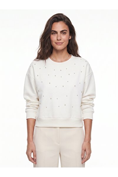 ONLOOX Ecru Cotton Crew Neck Three-Thread Ribbed Sweatshirt with Pearl Button...
