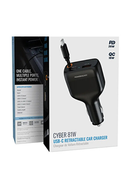 Powerology شاحن سيارة قابل للسحب من نوع USB-C بقوة 81 واط باللون الأسود