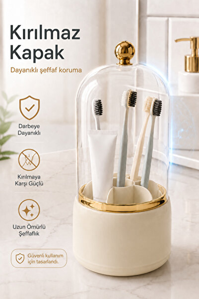 Poomy 7 Bölmeli Kapaklı Diş Fırçalık Gold Detaylı Banyo Düzenleyici Organizer