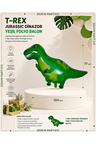 Dizayn Parti Evi T-Rex Jurassic Dinozor Yeşil Folyo Balon 104x77 cm Doğum Gün...