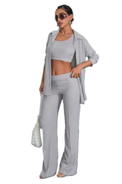 StreetWear Outlet Set de damă, 3 piese, Pantaloni, Tricou și Bluză, Gri desch...