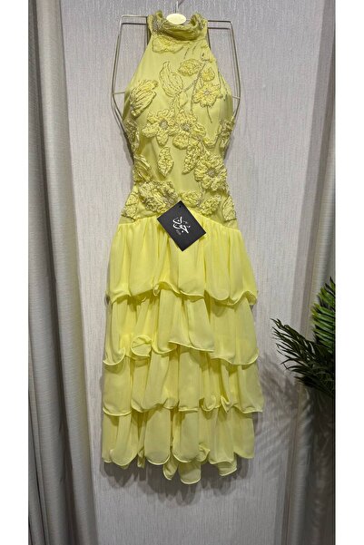 Jood Women's Midi Layered Chiffon Dress with Luxurious Floral Embroidery